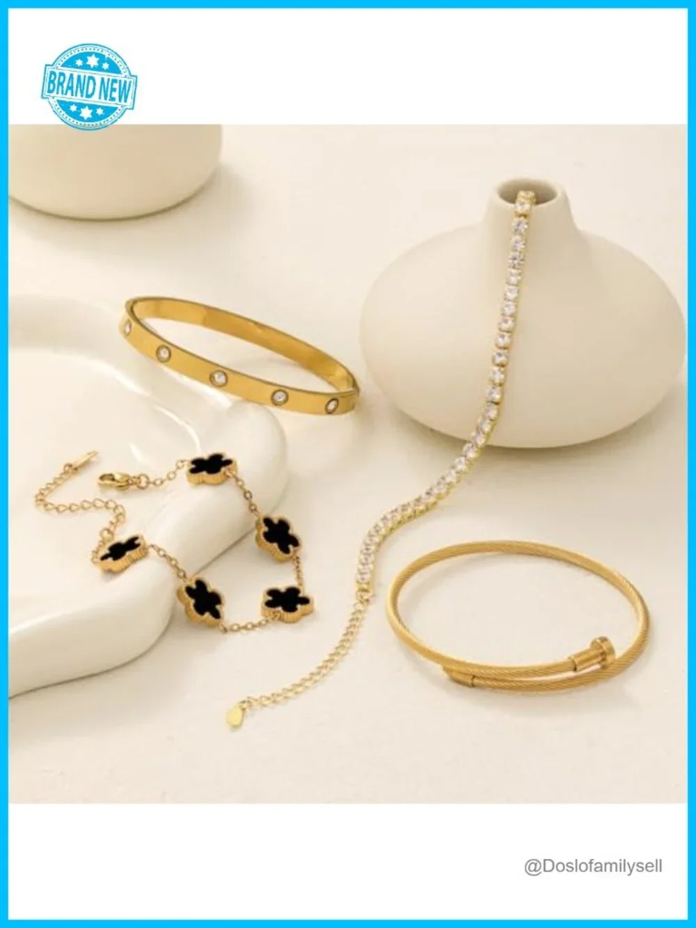 4 Piece Stackable Floral Bracelet Set, Gold Plated Twisted Cable Bangle,